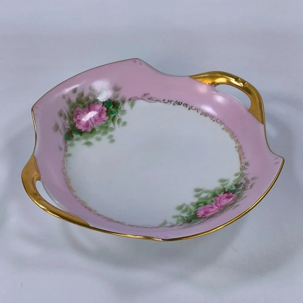Vintage Japan Porcelain Hand Painted Pink Rose Bonbon Dish Gold Gilt Handles